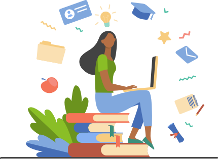 Illustrated woman working on her laptop at course, with icons and thoughts swirling around her