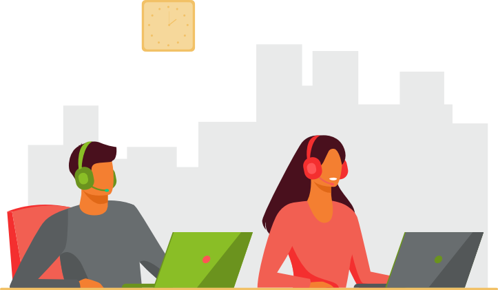 Illustration of friendly man and woman sitting at telephone helpline desk